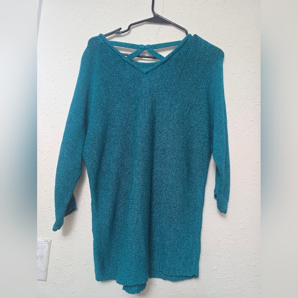 Chico's Teal V-Neck Sweater with Back Detail